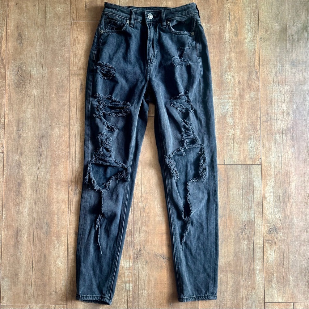 American Eagle Mom Jean Black Ripped Distressed Comfort Stretch Waistband Sz 00 - Picture 2 of 8
